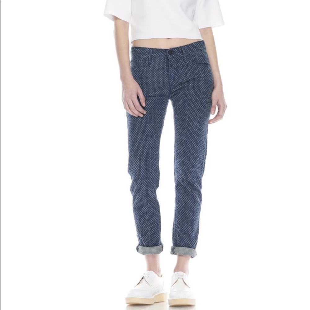 3x1 Women Mid Rise Dekalb Boyfriend Jeans Textured straight leg roll cuffs blue